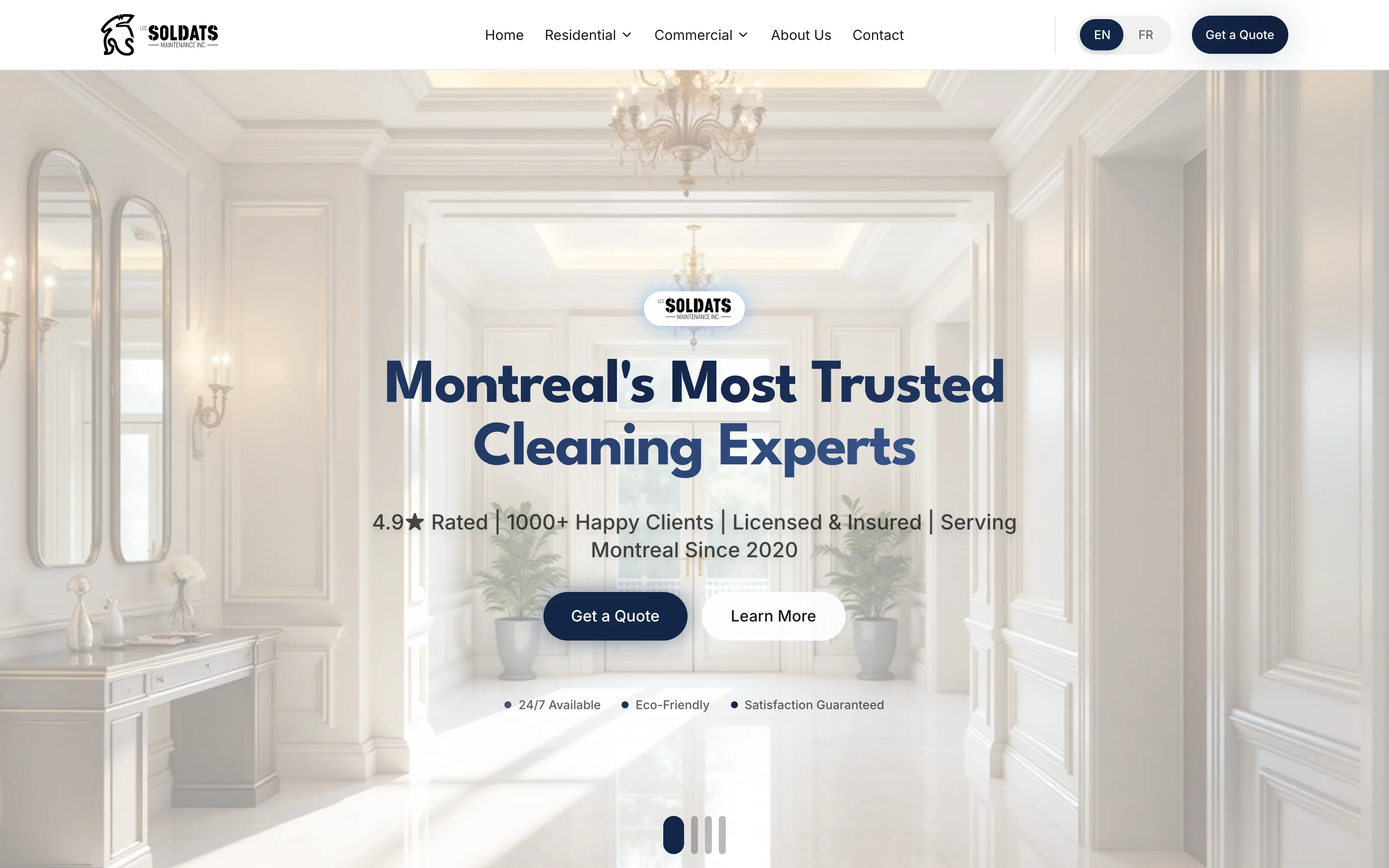 Les Soldats de Maintenance homepage in a desktop browser — trust markers and quote actions over a bright interior