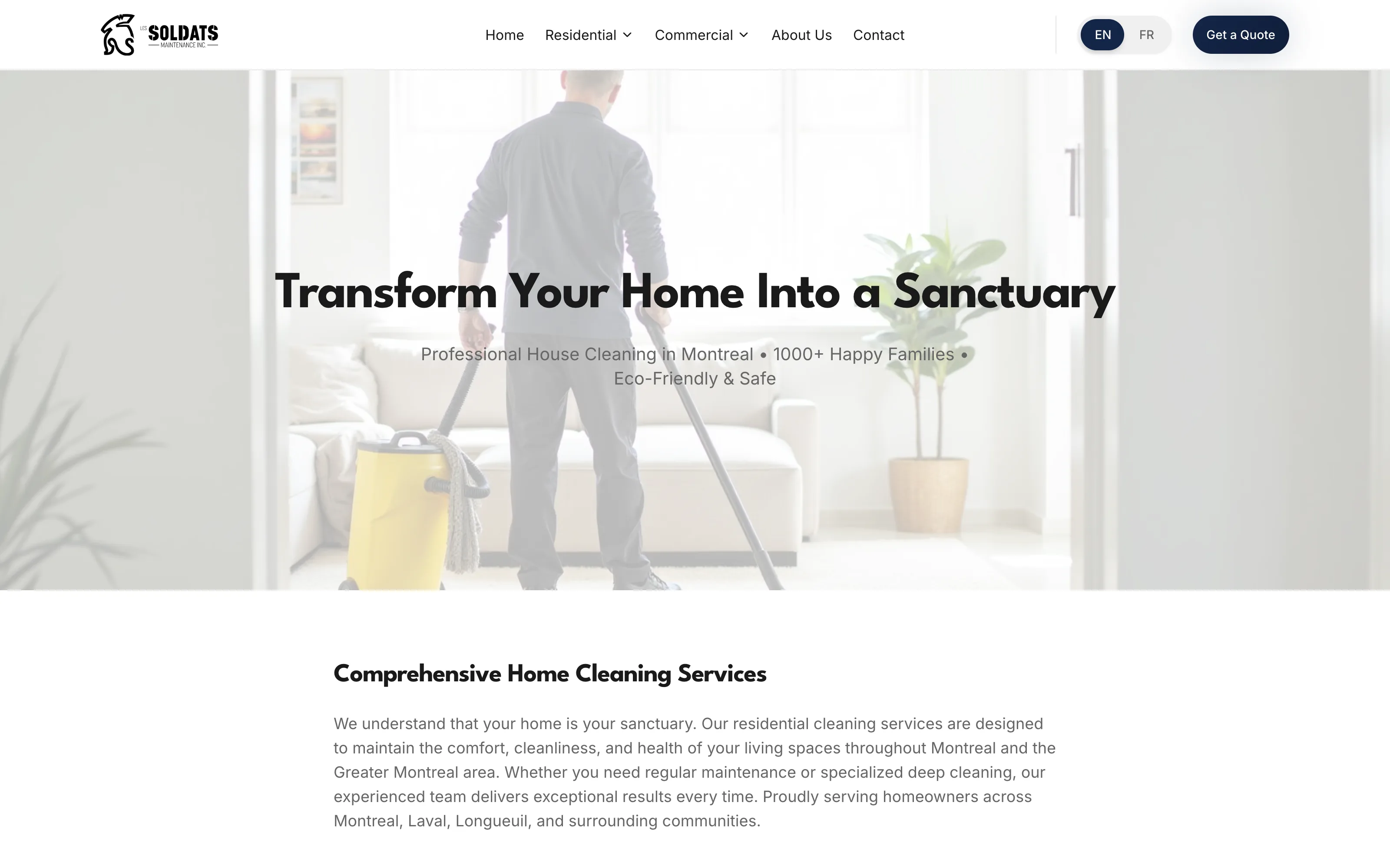 Residential cleaning page with dedicated navigation branch and service story