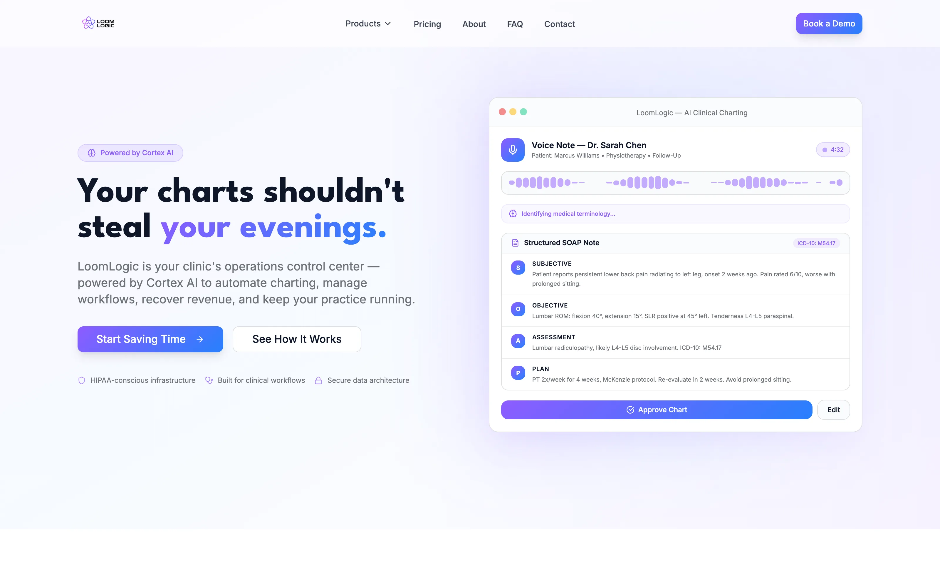 LoomLogic homepage in a desktop browser — voice note becoming a structured SOAP chart