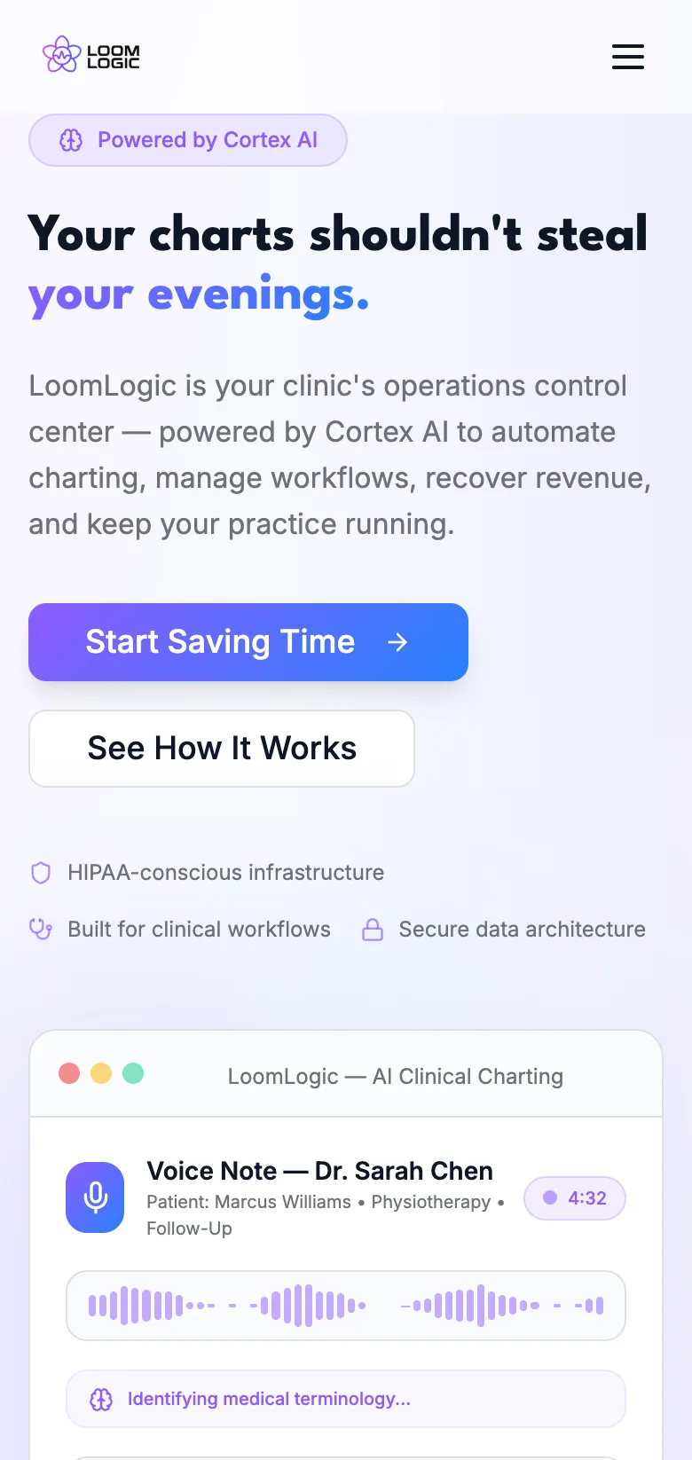 LoomLogic mobile view with the product mockup and demo call-to-action